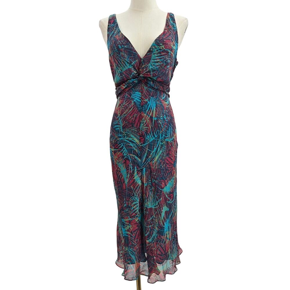 BCBG Max Azria Women Y2K Tropical Mermaid Babydoll 100% Silk Cutout Midi Dress 4